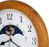 JUSTIME 14 Inch Exclusive Solid Oak Wood Non-Ticking Sweep Mechanical Specialty Moon Phase Moving Dial Wall Clock, Gift, Home Décor