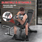 XDDIAS Workout Bench, Adjustable Weight Bench with Leg Extension and Leg Curl, Extended Headrest, 900LBS Preacher Curl Bench, Included 2 * 10LBS+2 * 25LBS Weight Plates