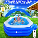Inflatable Pool with Canopy, Large Inflatable Swimming Pool for Kids,Adult, Blow Up Pools with Seats,Backrest.Durable Thickened Inflatable Family Pools for Backyard,118"x75"x22"-Dark Blue