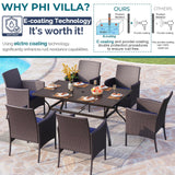 PHI VILLA 7pc Patio Dining Set w/Umbrella, Rectangular Table, Rattan Chairs