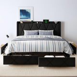 nesture. King Storage Bed Frame with 4 Large Drawers, Platform Bed with Upholstered Button Headboard & Charging Station, Wingback Storage Headboard, Noise-Free, No Box Spring Needed, Black