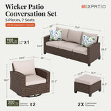 MIXPATIO Swivel Glider Patio Furniture Set, 5 Pcs Wicker Rattan Outdoor Conversation Set, 2 x Swivel Chairs, 1 x 3 Seater Sofa and 2 x Ottoman with 4" Thick Cushion, Beige