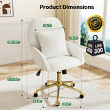 Home Office Desk Chair Comfy with Adjustable Swivel Wheels, Modern Velvet Makeup Vanity Chair with Back & Pillow, Ergonomic Office Chair Computer Task Chair for Living Room, Bedroom, White