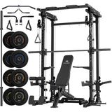 MAJOR FITNESS Drone3 Smith Machine, 2500lbs All-in-One Home Gym Power Rack with Dual Pulley System for Cable Crossover, Pull-Up Bars (D3SMS-BK (with Bench Elite BLK & 230LB BLK BP & Bar))