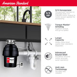 American Standard 10-US-AS-7 Garbage Disposal Anti-Jam Stainless Steel Food Waste Grinding System, Heavy Duty, 3/4 HP, Black
