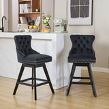 MOOLSUN A Set of 6 Blue Velvet bar stools - Classic Fixed Height Design, rotatable Button Group Seats, Perfect for Standard Kitchen Islands and Home Bars,Black(Wood Leg)