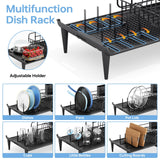 TOOLF Large Dish Drying Rack, Expandable Dish Rack for Kitchen Counter, Multifunctional Dish Drainer, Organization and Storage Essentials with Cup & Cutlery Holders, 16.7"-26.8" L x 12.6" W, Black