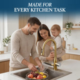 STiLWERK Waterfall Kitchen Faucet with Pull-Down Sprayer, 3 Flow Modes (Sweep/Stream/Waterfall), 360° Swivel, Stainless Steel Sink Faucet for Farmhouse, Camper, Bar, Laundry, Rv, Brushed Gold