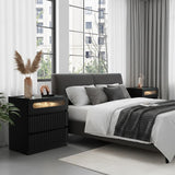 NightStand Set of 2 with Charging Station,with LED Lights and Tempered Glass Panel,Modern Bedside Tablewith 2 Fluted Drawers and One Glass Drawer,Hidden Handles End Table,Bedroom of Nightstand(Black)