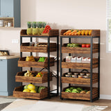 Tribesigns Wood Fruit and Vegetable Storage Rack Set of 2, 5-Tier Pull-Out Snack Stand Fruit Basket Stand, Utility Shelf Organizer for Kitchen, Living Room, Bedroom, Rustic Brown