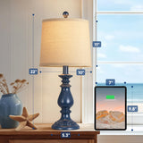 QiMH Farmhouse Table Lamp Set of 2, Rustic Table Lamps for Living Room, Vintage Nightstand Lamp with Rotary Switch, Beside Lamps for Bedroom, Traditional Table Lamps with Linen Shade, Blue