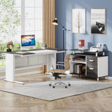 Tribesigns 63 Inch Executive Desk with File Cabinet, L Shaped Office Desk with Drawers and Storage Shelves, Business Furniture Set Workstation for Home Office, Gray and White