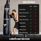 6 Ft Tall Muay Thai Punching Bag Set - Heavy Bag, Training Gloves, Hand Wraps for Kickboxing Heavy Bag, MMA 100 Lbs Bag (Unfilled) Elite Sports