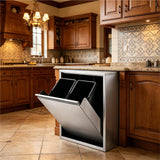 Under Cabinet Stainless Steel Trash Can - Dual Compartment Pull-Out Waste Bin with Non-Slip Feet for Kitchen Sink Base Cabinet, 12.4" x 20.47" x 7.87"