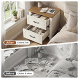 PIXOURA Farmhouse Nightstand Set of 2 with Charging Station, 22'' Wide Bedside Table with 2 Drawers & Metal Handle, Wood Night Stand End Side Table with Storage for Bedroom, Rustic White