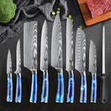 Dfito Chef Knife Sets with Roll Bag, 9 Pieces Professional Knife Set, High Carbon Stainless Steel Kitchen Chef Knife Set, Blue Resin Handle, Dishwasher Safe