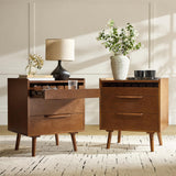 HULALA HOME 2 Drawer End Table with Pull-Out Shelf, Mid-Century Modern End Table with Wood Legs, Wood Side Table with Charging Station(Acorn, Set of 2)