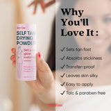 Self Tan Drying Powder Kit – Eliminates Sticky Self Tanner Feel – 100% Vegan Natural Talc-Free Light – Sets Sunless Tanner for Smooth Silky Skin w Brush & Pouch – USA Made (Coconut 3oz Setting Powder)