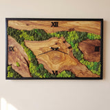 MIODUO DECOR Olive Wood Moss Wall Clock 16"x32" - Silent Handmade Wooden Wall Art - Real Preserved Moss Decor for Modern Farmhouse Living Room