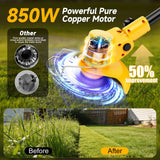 Electric Weed Wacker Cordless with Wheels,Electric Weed Eater Battery Powered,4 in 1 Grass Trimmer/Brush Cutter/Grass Edger/Small Lawn Mower,No String Trimmer with Metal Blade,2 Battery (Black Yellow)