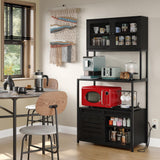 Furniouse 6-Tier Kitchen Bakers Rack with Power Outlet, Industrial Microwave Oven Stand with Shelves, Kitchen Utility Storage Shelf with Cabinet, Standing Storage Rack (Black)