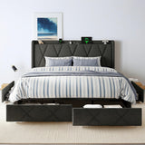 nesture. King Storage Bed Frame with 4 Large Drawers, Platform Bed with Upholstered Button Headboard & Charging Station, Wingback Storage Headboard, Noise-Free, No Box Spring Needed, Dark Grey