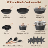 SODAY 17 Pcs Pots and Pans Set Non Stick Kitchen Cookware Sets Nonstick Induction Cookware Non-toxic Black Granite Cooking Tools