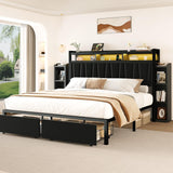 Lazmvlz King Size LED Bed Frame with Upholstered Headboard, 2 Storage Cabinets & 2 Drawers, Platform Bed with Charging Station, No Box Spring Needed, Easy Assembly, Black