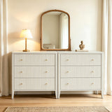 Fatmok Fluted 3 Drawer Dresser for Bedroom Set of 2, 34" Wide Chest of Drawers, Modern Wood Nightstand End Table with Metal Handles, Striped Storage Cabinet for Living Room, Hallway, Alabaster White