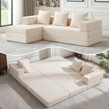 79" Modular Sectional Sofa, Boneless Convertible Sleeper Sofa Bed, Modern Tri-Folding Cloud Couch with L-Shape Chaise, Corduroy Futon for Living Room Small Spaces Apartment, No Assembly, Beige
