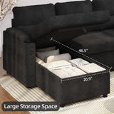 Convertible Sofa Bed, Chenille L-Shaped Sectional Sofa with Storage, Black
