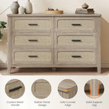 PIXOURA Rattan 6 Drawer Dresser for Bedroom, 48'' Wide Chest of Drawers with Metal Handles, Boho Dresser TV Stand, Wood Closet Dresser for Living Room, Hallway, Grey Oak