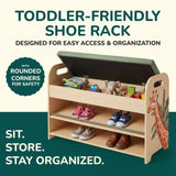 Kids & Toddler Shoe Rack with Bench Seat: Solid Pine Wood 2-Tier Shoe Organizer with Hidden Storage - Safari Giraffe Design Kids Furniture - Cushioned Seat, Rounded Safety Corners, Easy Assembly