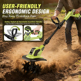 21V Cordlees Tiller Cultivator for Gardening, 400RPM Electric Garden Tiller, Brushless Rototiller with 2 * 3.0Ah Battery, 9.5" Width 7" Depth, for Yard、Lawn、Soil Tiller (Green)