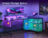 ODK 48 Inch Gaming Desk with USB Charging Ports and LED Lights, Reversible L Shaped Computer Desk with Storage Shelves