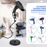 Bamodi Hair Dryer Holder Black - Hands-Free Hair Drying Metal Stand with 360° Rotation, Adjustable Height - Countertop or Wall Mount - Stylish and Convenient Storage Solution for Bathroom