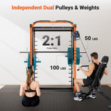 YOLEO Smith Machine with Independent Dual-Pulley System, 1800LBS Adjustable Cable Crossover Squat Rack, Multi-Functional Power Cage for Home Gym