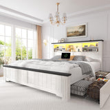 EnHomee Queen Bed Frame with Headboard and Storage, 4 Drawers and LED Built in Charging Station with Storage Farmhouse,Noise-Free,No Box Spring Needed, White