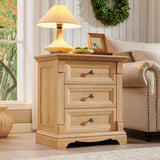 T4TREAM Farmhouse Nightstand Set of 2, 23.6" End Table with 3 Drawers Storage, Wood Side Table w/Roman Column, End Tables Living Room Set of 2, Bedside Cabinet for Bedroom, Oak