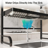 3 Tier Extra Large Stainless Steel Expandable Over The Sink Dish Drainer Drying Rack, Rust Proof Metal, Space Saving, Modern Black Big Capacity Extendable Plate Strainers Above Kitchen Counter