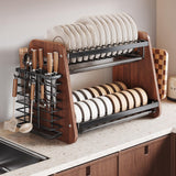QIUHTR Modern Wooden 2-Tier Dish Drying Rack,Stainless Steel Dish Drainer,Saving Kitchen Space,with Removable Cutlery Holder,with Utensils Flatware Holder Set