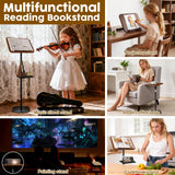 2 in 1 Dual-use Music Stand & Desktop Book Stand, Adjustable Height 16.5"-51", 100% Solid Wood Laptop Floor Stand Book Holder with Elastic Page Clips for Cookbooks (Black Walnut with Tray)