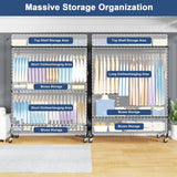 ULIFHOME P8C Max Heavy Duty Clothes Rack（With Extended Width Design） Rolling Clothing Racks for Hanging Clothes with Lockable Wheels，51.2"W x 15.8"D x 80.5"H，Load 700LBS，Black Rack with Black Cover