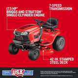 CRAFTSMAN 42" Gas Riding Lawn Mower with 17.5 HP* Briggs and Stratton Single-Cylinder Engine, Gas Lawn Tractor with 7-Speed Transmission, Red/Black (13AN77XSA93)
