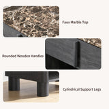 Nightstand Set of 2, 27" Wide Faux Marble & Wood Bedside Tables with Drawer and Open Shelf, Modern Curved End Tables with Rounded Body and Cylindrical Legs for Bedroom,Black Grey