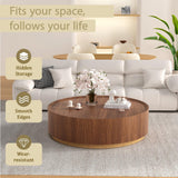 Round Coffee Table with Storage for Living Room, Wooden Circle Center Coffee Table with Drawers, Modern Accent Walnut Table for Bedroom Balcony Office, Fully Assembled (Brown)