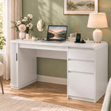 ZenXity Farmhouse 55" Computer Desk with Charging Station, Wooden Home Office Executive Desk with 3 Drawers and Fluted Storage, Study Table Workstation