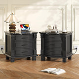 RECHHX Solid Wood Curved Nightstand with Charger Station, Water-Based Painted Bedside Tables with 3 Drawer Storage, Farmhouse End Table with Carved for Bedroom, Living Room, Black