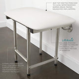 Seachrome 30" x 15" White Padded Cushion Folding Wall Mount Bench Shower Seat with Legs, ADA Compliant