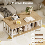 Coffee Table for Living Room with Slatted Sides Frame, Modern Farmhouse Living Room Table with 2-Tier Storage Shelf for Home Office, Apartment, 39 inch, Light Coffee